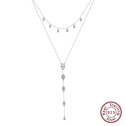 925 Argent sterling pavé 5 Pendentif en forme de larme en zircon cubique transparent pour colliers, colliers double couche pour femmes, Plaqué rhodium