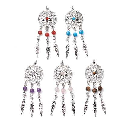 5 шт. 5 стили, большие подвески с натуральным окрашенным агатом, розовым кварцем, тигровым глазом, аметистом и синтетическим говлитом, тканая паутина/сетка из сплава с подвесками в виде перьев, античное серебро