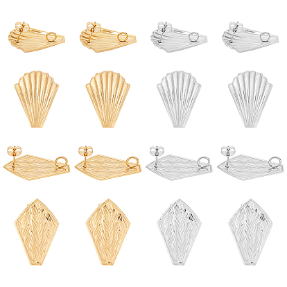 16Pcs 4 Style 304 Stainless Steel Stud Earring Findings, with Loop and Ear Nuts/Earring Backs, Kite & Scallop