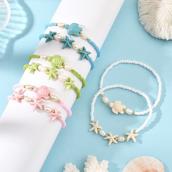 Summer Dyed Synthetic Turquoise & Natural Pearl & Seed Bead Stretch Beaded Anklets, Turtle Starfish Adjustable Stackable Bracelets, Golden