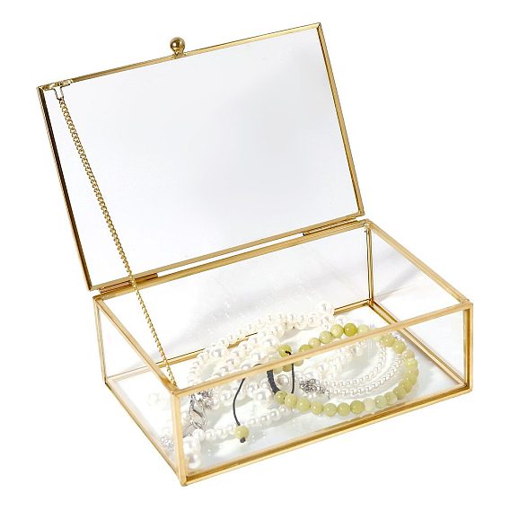 Transparent Glass Jewelry Organizer Display Cases with Metal Frame, Golden