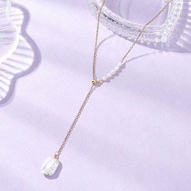 Регулируемый прямоугольный кулон из натурального жемчуга кеши 304 цепочка-лариата из нержавеющей стали, цвет морской раковины