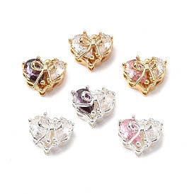 Латунные микро проложить кубического циркония бусы, без кадмия, без никеля и без свинца, сердце с бантом, настоящее 18k позолоченное/925 посеребренное