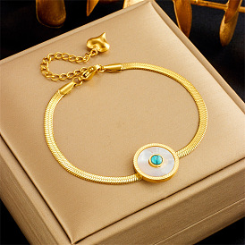 Minimalist Round Shell Turquoise Blade Chain Metal Bracelet for Women