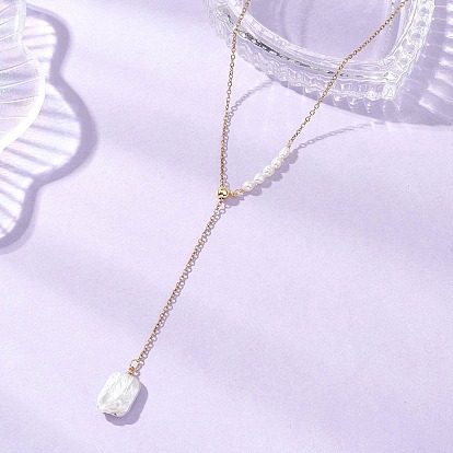 Регулируемый прямоугольный кулон из натурального жемчуга кеши 304 цепочка-лариата из нержавеющей стали, цвет морской раковины