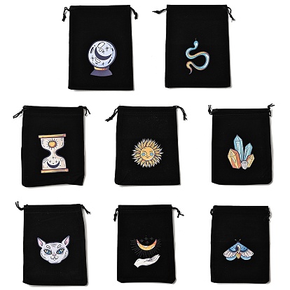 Прямоугольные упаковочные мешочки из бархатной ткани с принтом, сумки с узором таро на завязках, чёрные