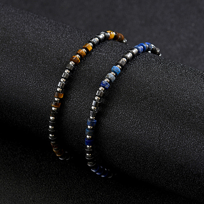Natural Gemstone Heishi Beaded Bracelets with 201 Stainless Steel End Chains, Stainless Steel Color