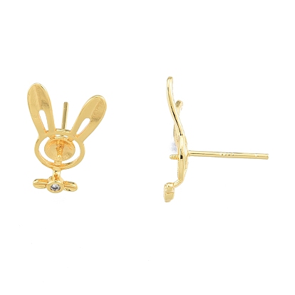 Brass Micro Pave Clear Cubic Zirconia Stud Earring Findings, with 925 Sterling Silver Pins, for Half Drilled Bead, Rabbit