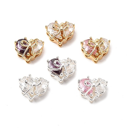 Латунные микро проложить кубического циркония бусы, без кадмия, без никеля и без свинца, сердце с бантом, настоящее 18k позолоченное/925 посеребренное