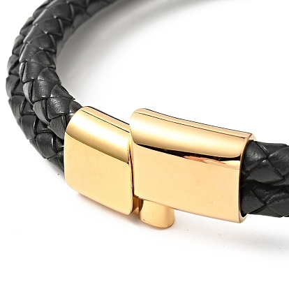 Cowhide Braided Double Layer Bracelet with 304 Stainless Steel Magnetic Clasps, Gothic Jewelry for Men Women