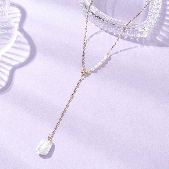 Регулируемый прямоугольный кулон из натурального жемчуга кеши 304 цепочка-лариата из нержавеющей стали, цвет морской раковины