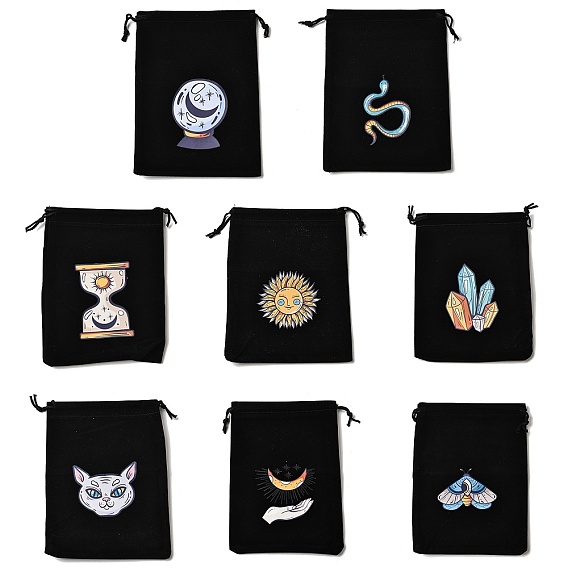 Прямоугольные упаковочные мешочки из бархатной ткани с принтом, сумки с узором таро на завязках, чёрные