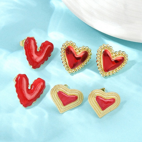 Серьги-гвоздики в форме сердца из латуни и эмали, реальный 18 k позолоченный