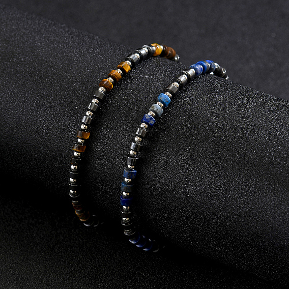 Natural Gemstone Heishi Beaded Bracelets with 201 Stainless Steel End Chains, Stainless Steel Color