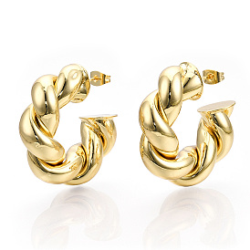 Brass Twist Round Stud Earrings, Half Hoop Earrings for Women