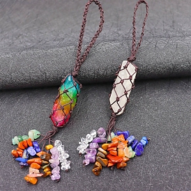 Natural Gemstone Pendant Decorations, with Polyester Rope and Chips Mixed Stones, Hexagonal Prism