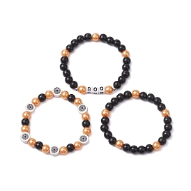 3Pcs 3 Styles Halloween Themed 8mm Round Glass Pearl Beaded Stretch Bracelet Sets, BOO Acrylic Stackable Bracelets