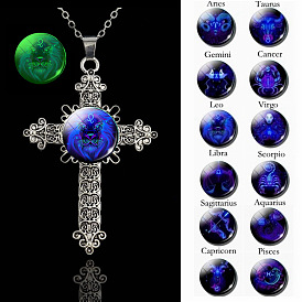 Luminous Glass Cross with Constellation Pendant Necklace, Glow In The Dark Alloy Jewelry for Men Women, Platinum