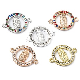 Religion Alloy Connector Charms, with Rhinestone, Flat Round Links with Virgin Pattern