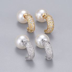 Brass Micro Pave Clear Cubic Zirconia Stud Earrings, Half Hoop Earrings, with Acrylic Imitation Pearl, Long-Lasting Plated