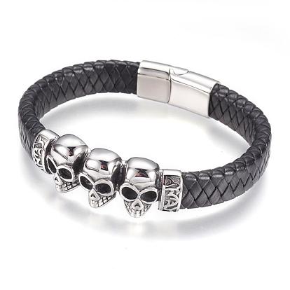 Leather Cord Bracelets, with 304 Stainless Steel Findings and Magnetic Clasps, Skull
