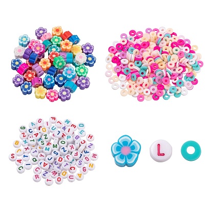 50Pcs Handmade Polymer Clay Flower Plum Blossom Beads, 2 Strands Disc/Flat Round Beads, 100Pcs Flat Round Acrylic Beads, for DIY Jewelry Making Kits