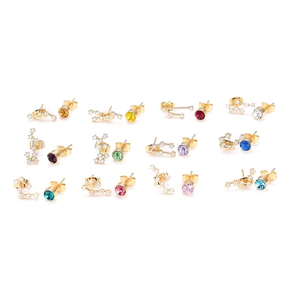 Латунные микро проложить серьги стержня кубического циркония, асимметричные серьги, со шпильками из стерлингового серебра 925 и ушными гайками, плоская круглая & 12 созвездие / знак зодиака, золотые