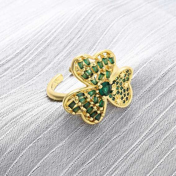 Регулируемые манжеты-кольца из латуни с микропаве из кубического циркония для женщин, без кадмия и без свинца, клевер