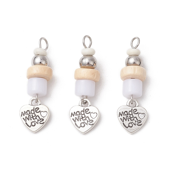 Сплавочные подвески тибетского стиля, сердце, с синтетическими бирюзовый, акриловый, дерево и 304 нержавеющая сталь