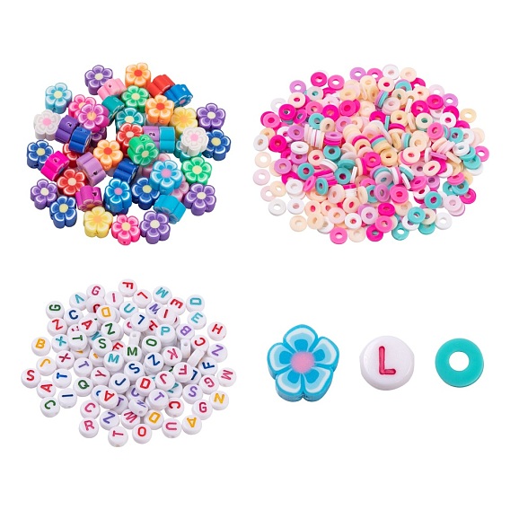 50Pcs Handmade Polymer Clay Flower Plum Blossom Beads, 2 Strands Disc/Flat Round Beads, 100Pcs Flat Round Acrylic Beads, for DIY Jewelry Making Kits