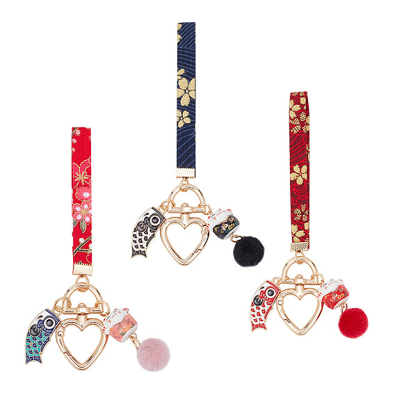 3 шт 3 цвета креативный милый рыбка удачи кошка орнамент сплав эмаль брелок, брелок на запястье из полиэстера для ключа мобильного телефона