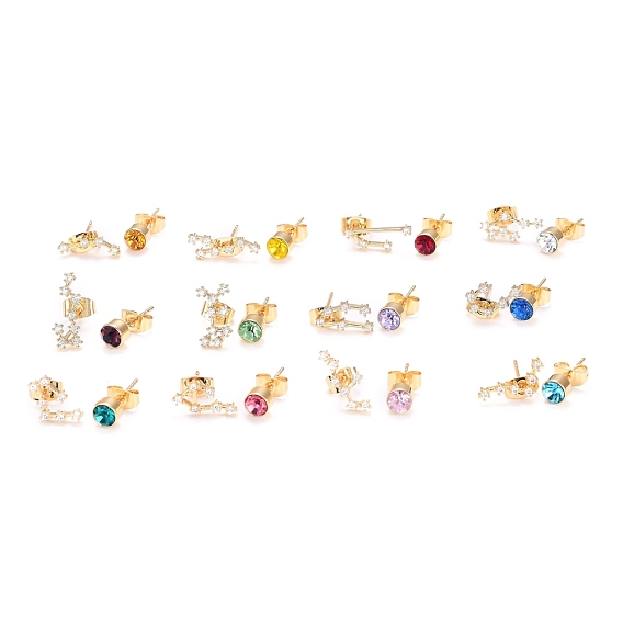 Латунные микро проложить серьги стержня кубического циркония, асимметричные серьги, со шпильками из стерлингового серебра 925 и ушными гайками, плоская круглая & 12 созвездие / знак зодиака, золотые