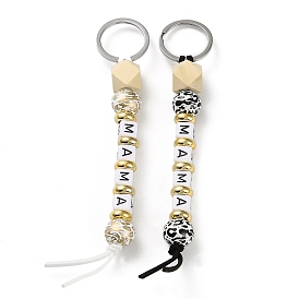 Décorations de porte-clés en perles de bois et de plastique, avec perles en silicone et anneaux en métal, maman mot