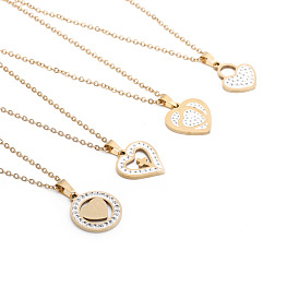 Stainless Steel Lockbone Chain Heart-shaped Jewelry with 18K Diamond Inlay - Circular Ring
