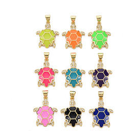 Brass Micro Pave Cubic Zirconia Pendants, with Enamel, Cadmium Free & Nickel Free & Lead Free, Real 16K Gold Plated, Tortoise