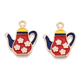 Alloy Enamel Pendants, Light Gold, Lead Free & Cadmium Free, Teapot with Flower Charm