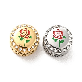 304 Stainless Steel European Beads, with Enamel & Rhinestone, Large Hole Beads, Flat Round with Rose