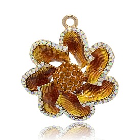 Golden Tone Alloy Rhinestone Enamel Flower Pendants, 46x40x12mm, Hole: 3mm