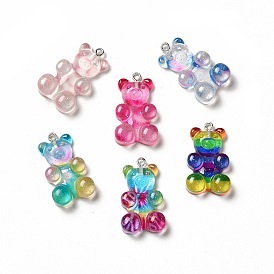 Translucent Resin Pendants, Glitter Bear Charms, with Platinum Tone Iron Loops