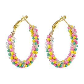 Colorful Glass Seed Beads Hoop Earrings, Ring Shape Iron Earring for Women