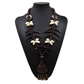 Ожерелье в стиле бохо из кокосового волокна, дерева и натуральных ракушек, выполненное вручную в этническом стиле, с длинными кисточками и бусинами, идеально подходит для пляжного отдыха., кокосового коричневый