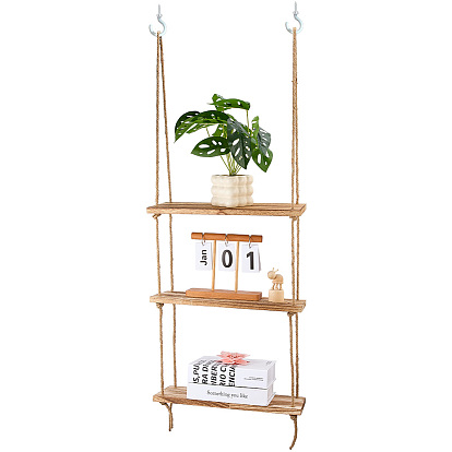Wall-mounted Wood Storage Book Racks, with Jute Rope and Plastic Hook Hangers, Rectangle