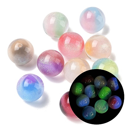 Светящиеся двухцветные бусины из смолы и блестящей пудры, круглые, светится в темноте