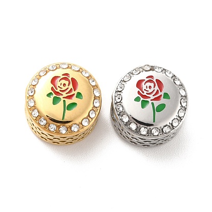 304 Stainless Steel European Beads, with Enamel & Rhinestone, Large Hole Beads, Flat Round with Rose