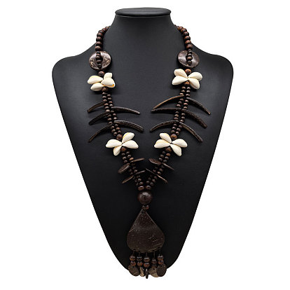 Ожерелье в стиле бохо из кокосового волокна, дерева и натуральных ракушек, выполненное вручную в этническом стиле, с длинными кисточками и бусинами, идеально подходит для пляжного отдыха., кокосового коричневый