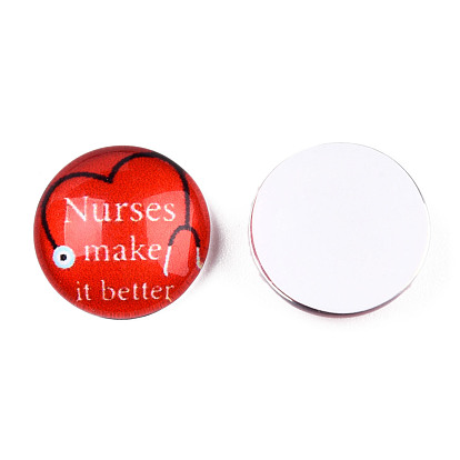 Glass Cabochons, Half Round/Dome with Nurses' Day Pattern