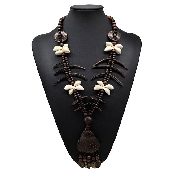 Ожерелье в стиле бохо из кокосового волокна, дерева и натуральных ракушек, выполненное вручную в этническом стиле, с длинными кисточками и бусинами, идеально подходит для пляжного отдыха., кокосового коричневый