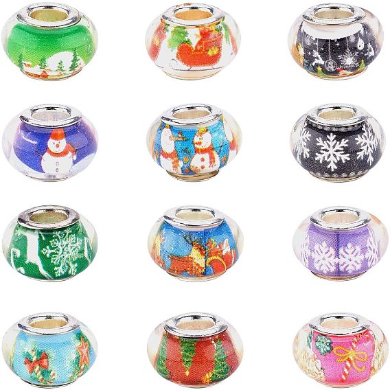 Cmолы европейские шарики, бусины с большим отверстием, с медными сердечниками, Рождество стиле, рондель, серебряный цвет гальваническим