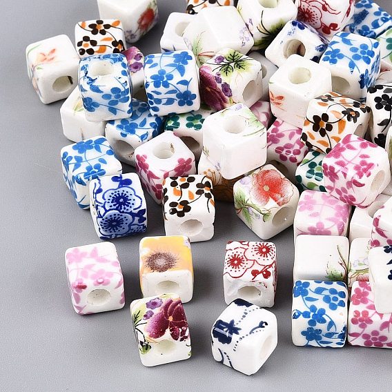 Cuentas europeas de porcelana impresas hechas a mano, famille porcelana rosa, cubo con patrón de flores, abalorios de grande agujero