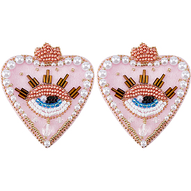 2Pcs Cloth Computerized Embroidery  Sew on Patches, Sequin Appliques, Costume Accessories, with Beads, Heart & Eye